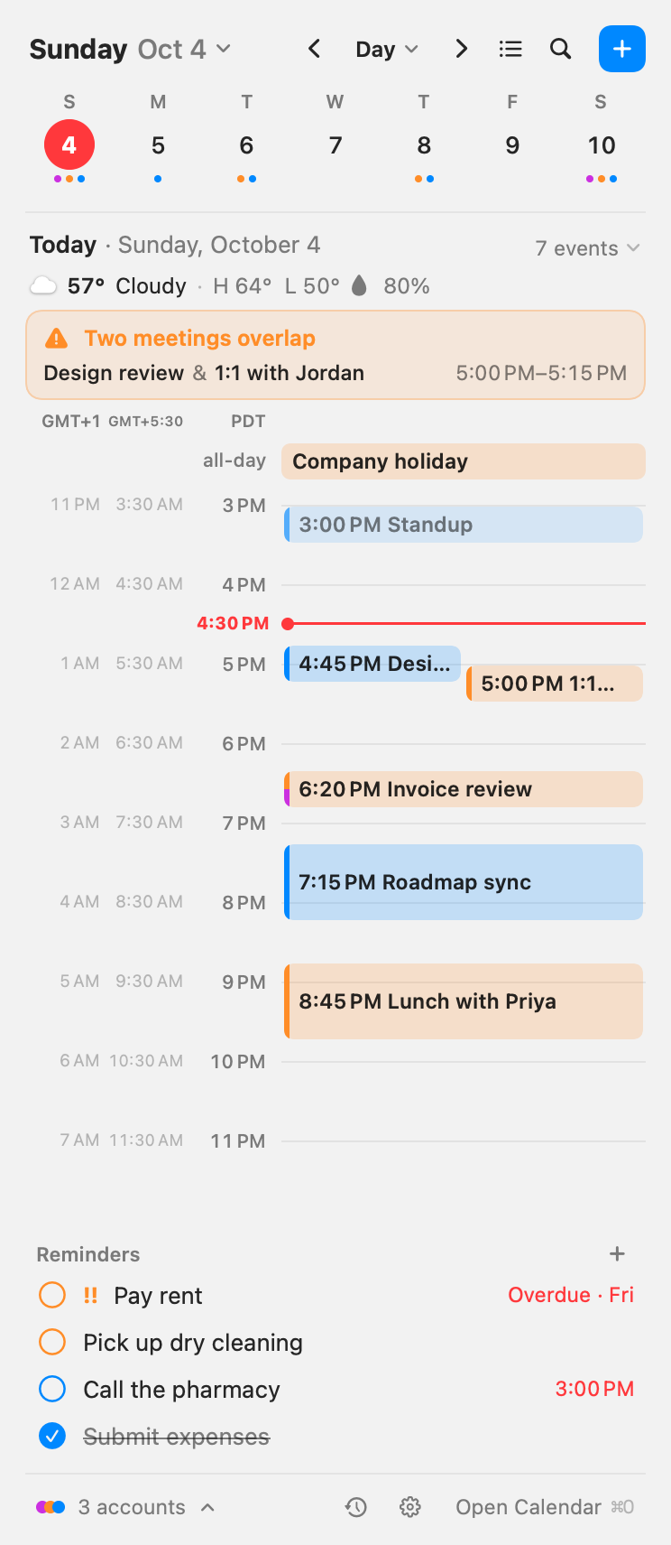 OnCal’s day as a timeline, with a red line at the current time and two overlapping meetings flagged.