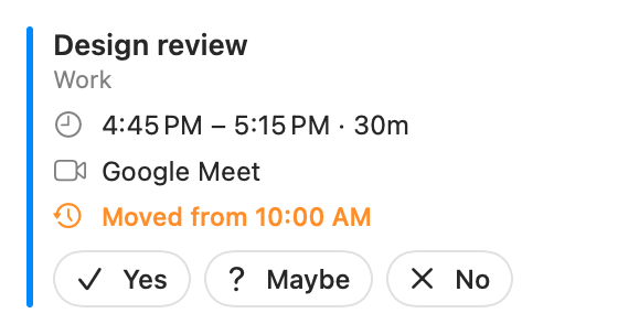 A meeting card showing Design review at 3:00 PM on Google Meet, moved from 10:00 AM, with Yes, Maybe and No buttons.