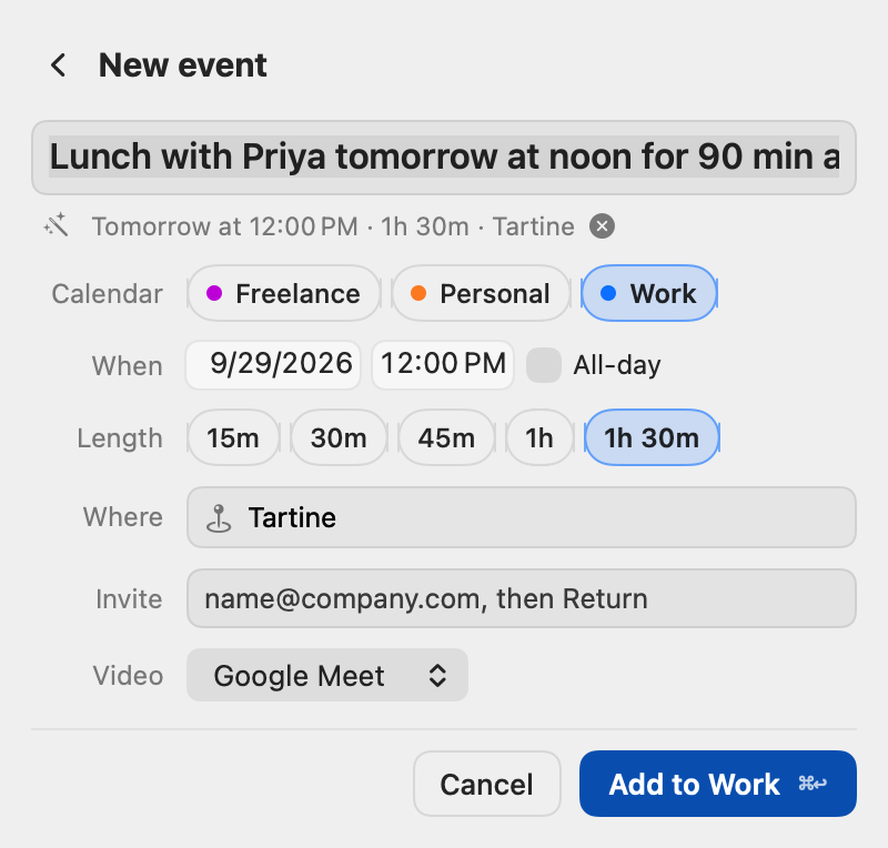 OnCal's new event form, filled in from the sentence: Lunch with Priya tomorrow at noon for 90 min at Tartine