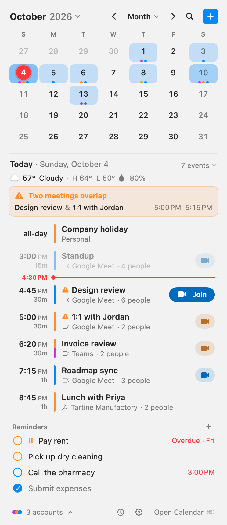 OnCal’s menu-bar panel: this month’s calendar above today’s meetings, with a red line at the current time and a Join button on the next call.